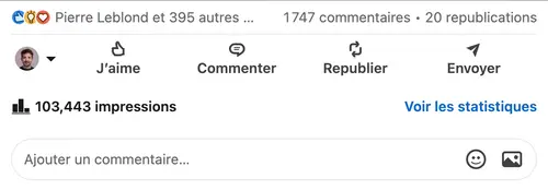 Statistiques d'un post LinkedIn géré par HB Compagny