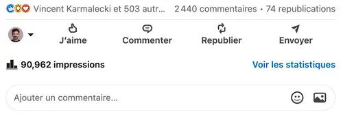 Statistiques d'un post LinkedIn géré par HB Compagny