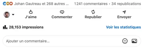 Statistiques d'un post LinkedIn géré par HB Compagny