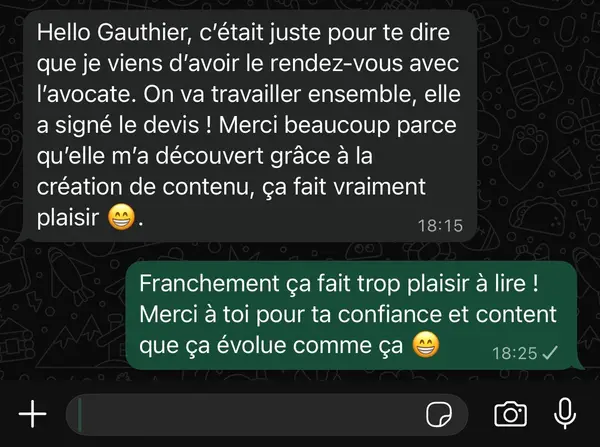 Message WhatsApp d'un client freelance accompagné par HB Compagny