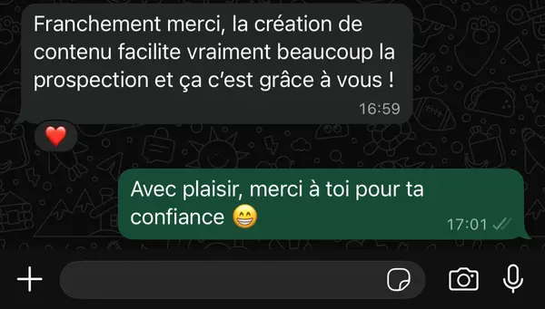 Message WhatsApp d'un client freelance accompagné par HB Compagny