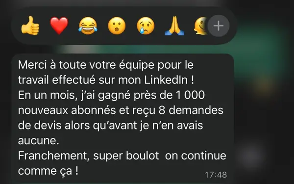 Message WhatsApp d'un client freelance accompagné par HB Compagny