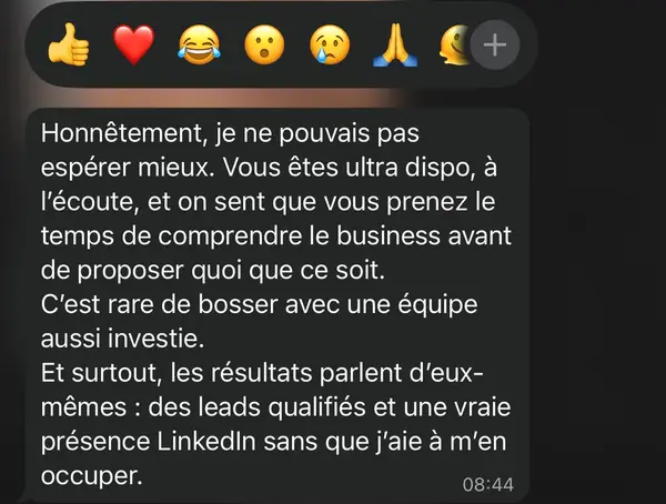 Message WhatsApp d'un client freelance accompagné par HB Compagny