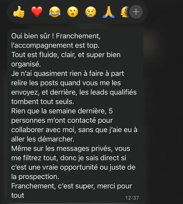 Message WhatsApp d'un client freelance accompagné par HB Compagny