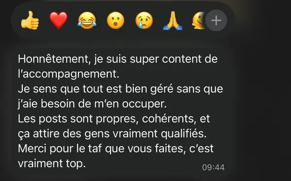 Message WhatsApp d'un client freelance accompagné par HB Compagny