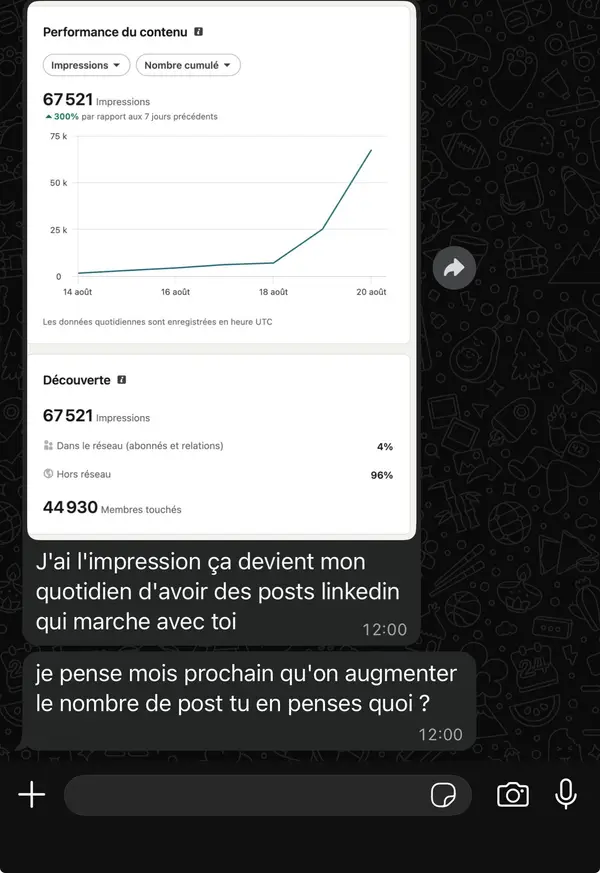 Message WhatsApp d'un client freelance accompagné par HB Compagny
