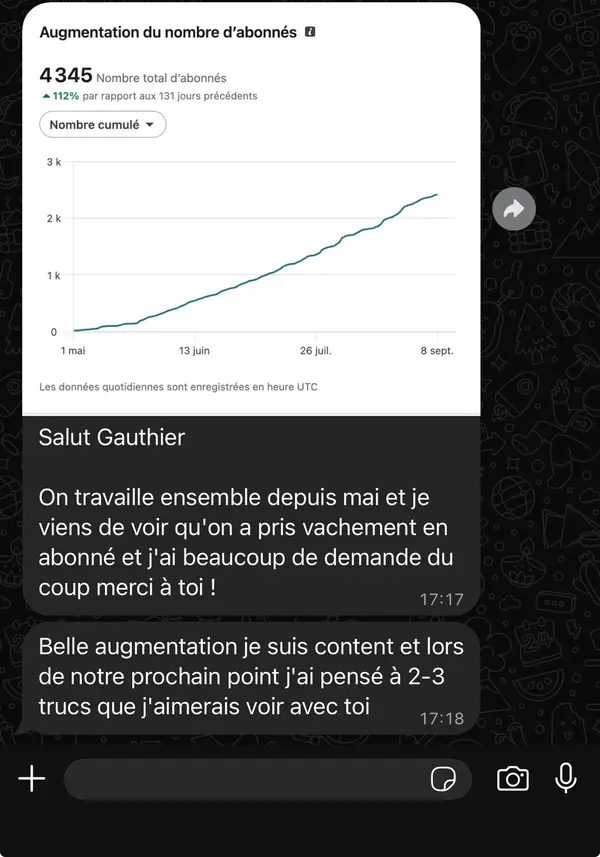 Message WhatsApp d'un client freelance accompagné par HB Compagny