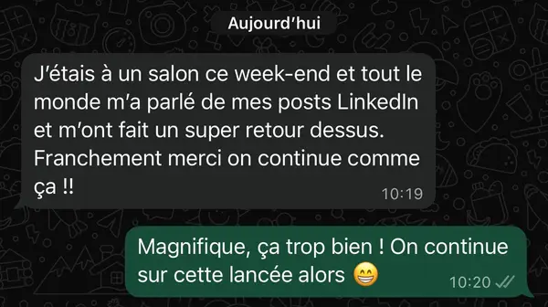 Message WhatsApp d'un client freelance accompagné par HB Compagny