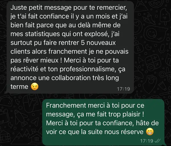 Message WhatsApp d'un client freelance accompagné par HB Compagny