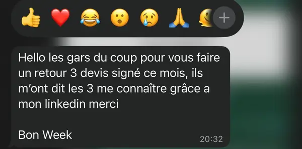Message WhatsApp d'un client freelance accompagné par HB Compagny