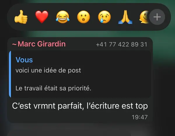 Message WhatsApp d'un client freelance accompagné par HB Compagny