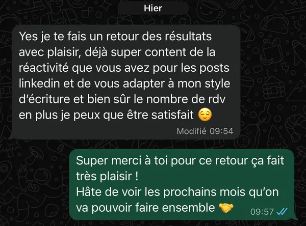 Message WhatsApp d'un client freelance accompagné par HB Compagny