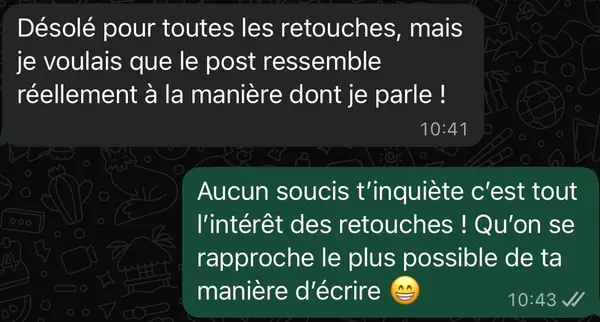 Message WhatsApp d'un client freelance accompagné par HB Compagny